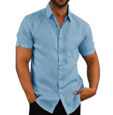 Short Sleeve  Lapel Neck Button Pockets Solid Male Shirt