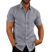 Short Sleeve  Lapel Neck Button Pockets Solid Male Shirt