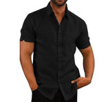 Short Sleeve  Lapel Neck Button Pockets Solid Male Shirt