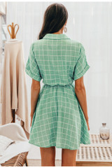 Women Elegant Plaid Sashes Short Sleeve A Line Casual Streetwear Short Dress
