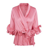 Women v neck ruffles peplum top Elegent folding  Satin flare longer sleevedd blouse shirt