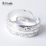 Artilady bohemian antic silver cuff copper bangle carve pattern bracelet for Women