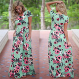 Women Long Maxi  Floral Print Boho Beach Short Sleeve Evening Party Dress