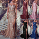 Women Sequin Prom Sexy Party Gold Sundress V Neck Dress