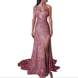 Women Sequin Prom Sexy Party Gold Sundress V Neck Dress