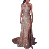 Women Sequin Prom Sexy Party Gold Sundress V Neck Dress