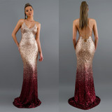 Long Sparkle Ever Pretty V-Neck Elegant Wedding Party  Sequin Mermaid Maxi Gold Evening Party Dress