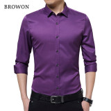 BROWON Brand Silky Formal Shirt Men Classic Business Long Sleeve Solid Color Embroidery Collar Slim Fit Shirt