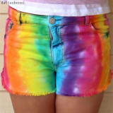Women Fashion Sexy Rainbow Straight Slim Denim Shorts Vintage Mid Waist Ripped Tassel Casual Short Jeans Streetwear