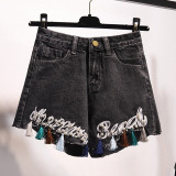 TIGENA Tassel Beading Embroidery Denim Shorts for Women  Plus Size Korean High Waist Jeans