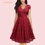Summer Women Party Dress Vintage V Neck Sleeveless Dress Lace Elegant Ladies Dresses with High Quality Lace