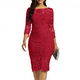 Elegant Round Neck Lace  Long Sleeve  Party Dress For Women