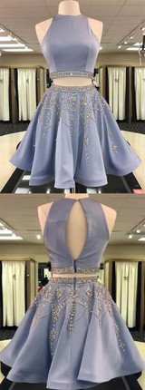 Two Piece A-Line Jewel Sleeveless Short Prom Dress, Homecoming Dress With Beading, MH109