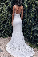 Spaghetti Straps Mermaid All Over Lace Sleeveless White Wedding Dress,MW354