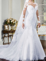 onlybridals O-neck Long Sleeve Mermaid Wedding Dress See Through Illusion Back White Bridal Gowns with Lace Appliques