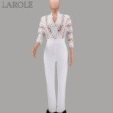 White Long Sleeve Women Jumpsuits Sexy Hollow Out Bodysuit Overalls Female Elegant Party Bodycon Jumpsuit Rompers Femme