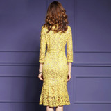 Spring Lace Three Quarter Sleeve Slim Fishtail Party Dress Woman