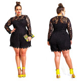 Solid Color Hollow Out Long Sleeve Lace Rompers Plus Size Jumpsuit XXL XXXL XXXXL Clubwear Sexy Short Playsuit White/Black/Red