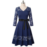 Nice-forever Retro Elegant Lace Patchwork with Sash Party Women Flare A-line Dress A182
