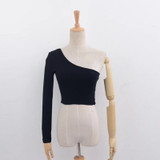 Women Tops Sexy One Shoulder Long Sleeve Crop Tops Elastic Short Knitting Cropped Cami T-Shirt