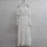 Women’s Off Shoulder Maxi Dress Bell Sleeve Lace Patchwork High Waist Cocktail Party Wedding Bridesmaid Dress