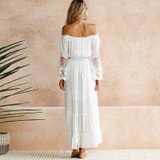 Women’s Off Shoulder Maxi Dress Bell Sleeve Lace Patchwork High Waist Cocktail Party Wedding Bridesmaid Dress