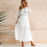 Women’s Off Shoulder Maxi Dress Bell Sleeve Lace Patchwork High Waist Cocktail Party Wedding Bridesmaid Dress