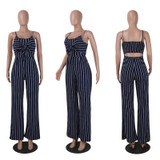Women Blue Bodycon Backless Stripe Casual Bowtie Overalls Sexy Party Jumpsuit Plus Size