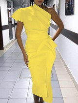 Women Elegant Solid Color Cocktail Asymmetrical One Shoulder Ruched  Party Dress