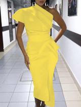 Women Elegant Solid Color Cocktail Asymmetrical One Shoulder Ruched  Party Dress