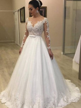 onlybridals White Long Sleeve Wedding Dress Ball Gown Lace Applique Illusion Scoop Neck Court Train Bridal Gowns