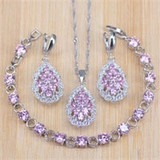 Princess Pink Crystal Silver Color Jewelry Sets For Women Party Wedding