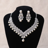 Fashion Silver Plated Flower Crystal Pearl Bridal Choker Necklace Earrings