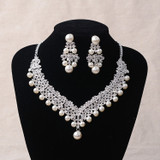 Fashion Silver Plated Flower Crystal Pearl Bridal Choker Necklace Earrings