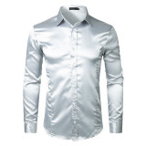 Men's Slim Fit Silk Satin Dress Shirts Wedding Groom Stage Prom Shirt Men Long Sleeve Button Down Shirt Male Chemise Homme Red