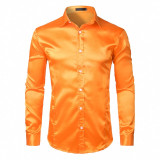 Men's Slim Fit Silk Satin Dress Shirts Wedding Groom Stage Prom Shirt Men Long Sleeve Button Down Shirt Male Chemise Homme Red