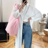 [EAM] Women White Blue Brief Big Size Long Blouse New Lapel Long Sleeve Loose Fit Shirt Fashion Tide Spring Autumn 2020 1Y652