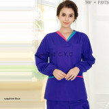 Women's Classic Uniforms V Neck Long Sleeve Scrub Top + Pants Spa Health Scrubs Workwear Clothes Winter Nurse Uniform