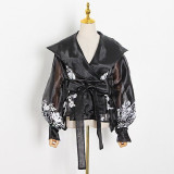 TWOTWINSTYLE Vintage Organza Women Blouse Lapel Collar Lace Up Bow Lantern Long Sleeve Hit Color Shirt Female Fashion 2020 Tide