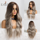 EASIHAIR Long Dark Brown Women's Wigs with Bangs Water Wave Heat Resistant Synthetic Wigs for Black Women African American Hair