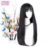 WTB Long Straight Hair Black Synthetic Lolita Wigs with Bangs for Women Fashion Female Cosplay Party Christmas Wigs Free Gifts