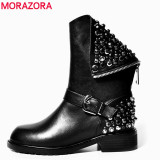 MORAZORA Plus size 35-43 Genuine leather boots women rivets autumn winter ankle boots punk ladies motorcycle boots female shoe
