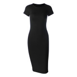 Cotton Long Spring Dress Fashion Solid O-Neck Short Sleeve Office Lady Summer Dress