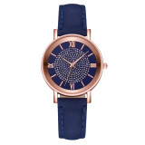 Starry Sky Dial Women Fashion Roman Scale Rhinestone Leather Wrist Watch
