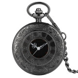 Black Roman Numerals Quartz Pocket Watch Men Black Hollow Case Steampunk Vintage Pendant