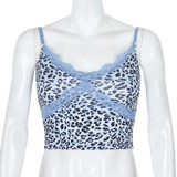 Lace Leopard Spaghetti Strap Top Sleeveless 90s Crop Top Tee Frill