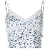 Lace Leopard Spaghetti Strap Top Sleeveless 90s Crop Top Tee Frill