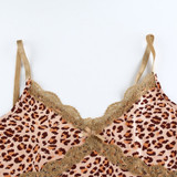 Lace Leopard Spaghetti Strap Top Sleeveless 90s Crop Top Tee Frill