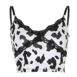 Lace Leopard Spaghetti Strap Top Sleeveless 90s Crop Top Tee Frill