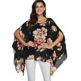 Plus Size Blouses Women Shirts Floral Print Batwing Casual Chiffon Blouse Shirt
